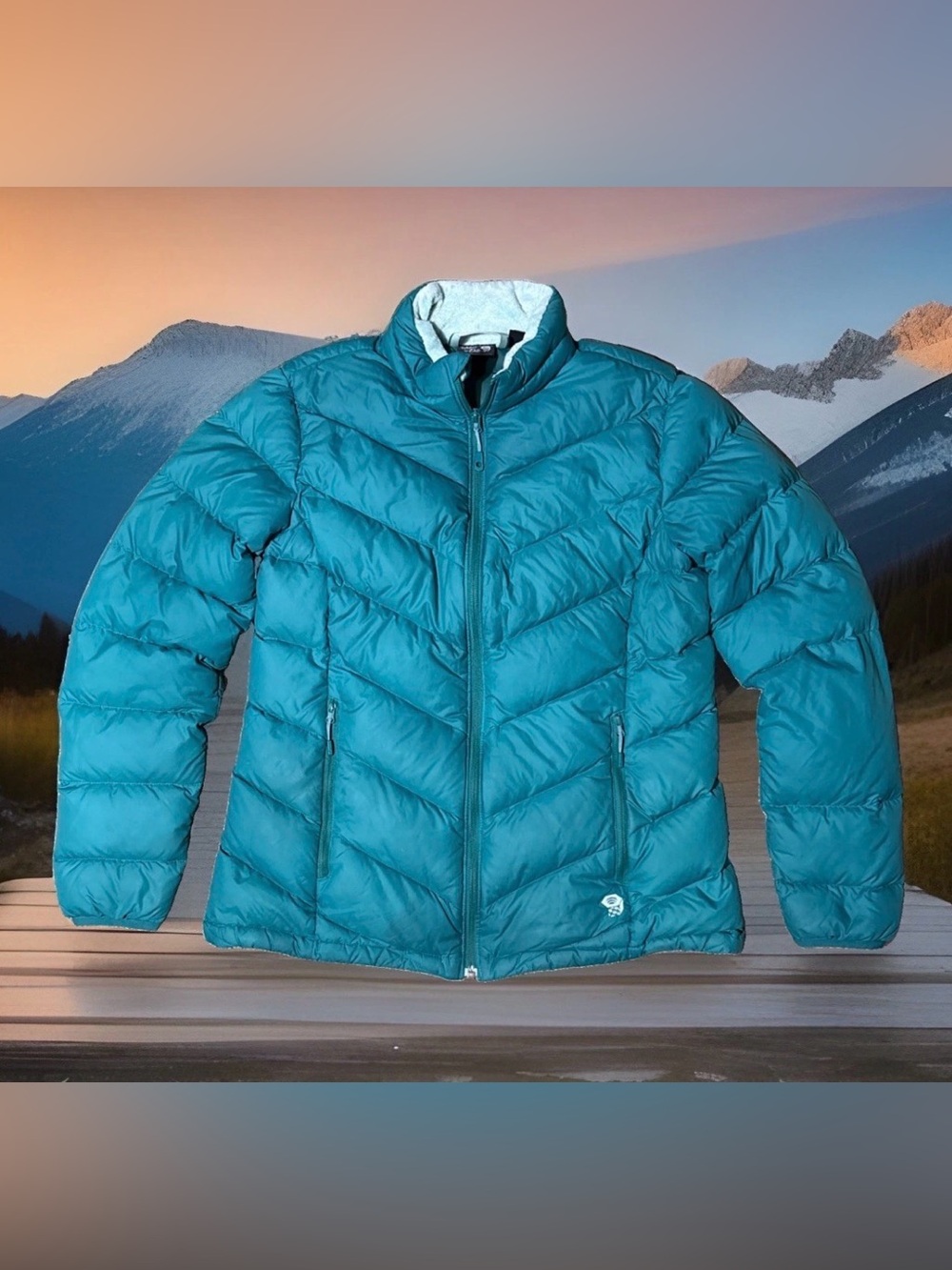 Mountain Hardwear Ratio Down Teal Puffer Jacket Women’s L Chevron Full Zip